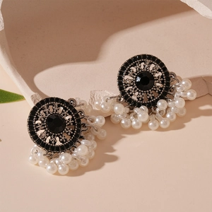 Vintage ethnic stud earrings with black rhinestones and white pearl tassels for women