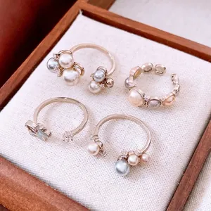French vintage zircon pearl ring set in rose gold finish with elegant open design