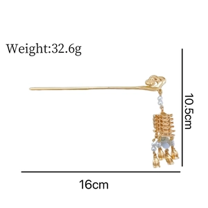 Detailed dimensions of the gold Chinese hair pin with pearl tassel and cloud motif