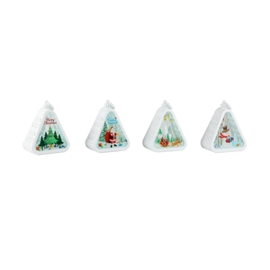 Set of four white triangular Christmas lanterns with snowman and Santa illustrations