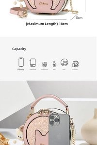 Pink cartoon cat crossbody bag showing 18cm size dimensions and interior capacity details