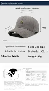 Detailed size guide for gray baseball cap with R logo showing measurements and fits