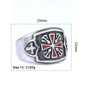 Detail view of retro silver and red cross ring with dimensions 23mm width and 12mm face