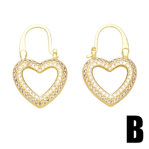 Elegant gold heart earrings with white zircon crystals in a U-shaped hook design