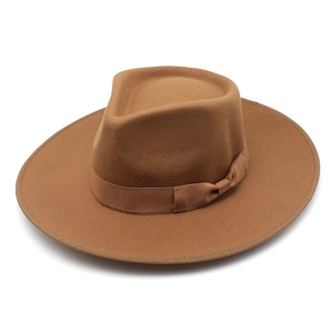 Classic brown wool fedora hat with wide brim and matching grosgrain ribbon bow