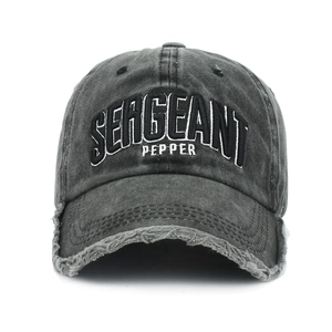 Washed charcoal baseball cap with Sergeant Pepper 3D embroidery and distressed brim edge