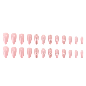 Set of 24 long almond press-on nails in soft pink with delicate white daisy floral art