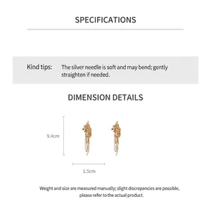 Detailed dimensions of long golden wheat ear tassel earrings with silver needle