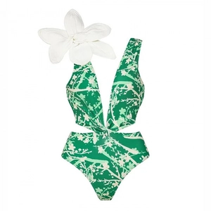 Green floral deep V one-piece swimsuit with cutout and large 3D flower detail