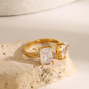 Minimalist 18k gold plated stainless steel open ring with two rectangular zircon stones