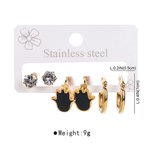 Three-piece stainless steel earring set featuring Hamsa Hand, zircon studs and hoops