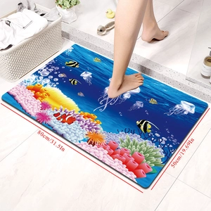 Detail of 80x50cm absorbent diatomite bath mat with vibrant underwater coral reef pattern