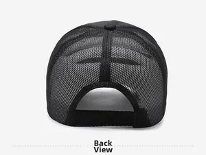 Rear view of black mesh baseball cap showing breathable texture and adjustable velcro strap