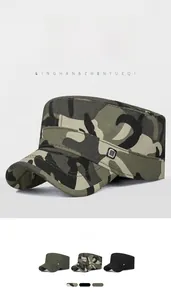 Detail view of cotton flat top cap with metal square label and three color options
