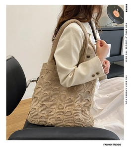 Detail shot of khaki knit tote bag showing textured diamond pattern and large capacity