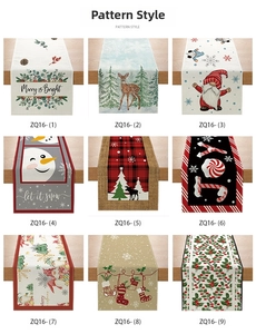Detailed grid showing nine festive Christmas table runner patterns with classic holiday icons