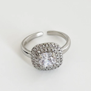 925 Sterling Silver Ring Platinum Plated Square Cushion Cut Cubic Zirconia Double Halo Elegant Luxury Brilliant Open Adjustable Band
