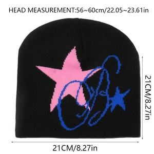 Size guide for black knitted beanie with pink star and blue graffiti jacquard detail