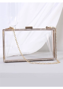 Detail of transparent acrylic box bag featuring gold metal chain and latch closure