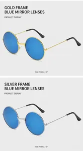 Detailansicht der Retro-Rund-Sonnenbrille mit Gold- und Silberrahmen und blauen Gläsern