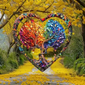 Detail of heart-shaped Tree of Life acrylic suncatcher with colorful 3D butterfly leaves