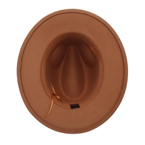 Top view of brown wool fedora hat showing wide brim and adjustable interior drawstring
