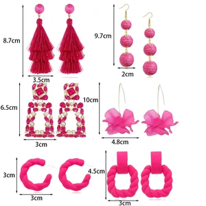 Size chart showing detailed dimensions for hot pink geometric and tassel summer earrings