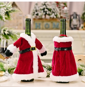 Detailed Christmas wine bottle covers featuring Santa suit and red velvet dress designs