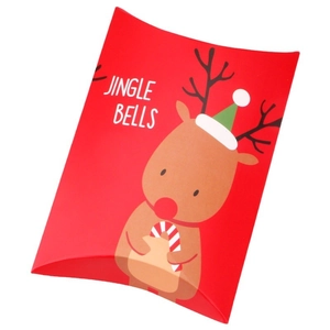 Red pillow-shaped Christmas reindeer candy gift box featuring Jingle Bells text design