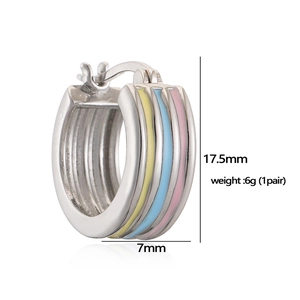Rainbow striped colorful enamel hoop earrings in silver finish showing product dimensions