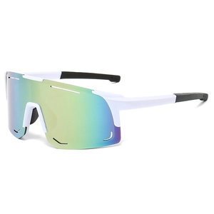 White sports cycling sunglasses with oversized colorful mirrored lenses for outdoor running