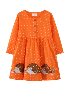 Girls long sleeve orange polka dot dress with cute hedgehog embroidery patterns