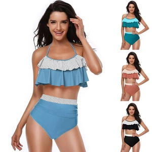 Women Bikini Top And Bottoms Halter Ruffle High Waisted Tummy Control Nylon Sexy Retro Tropical Swimwear