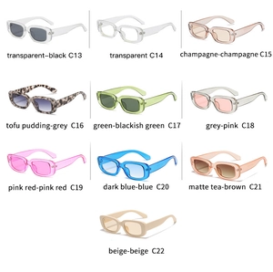 Collage of retro rectangular sunglasses in ten varied colors with model codes C13 to C22