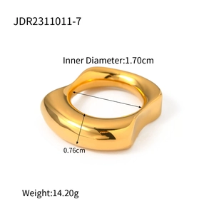 Detailed size specifications for the irregular wave-shaped 18k gold stainless steel ring