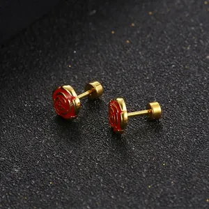 Elegant gold-plated titanium steel red rose stud earrings with screw back closure