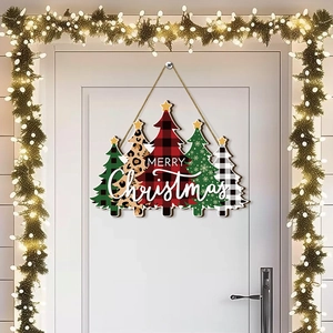 Five-piece wooden Christmas tree door hanging sign with Merry Christmas text on white door