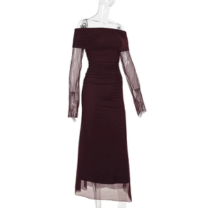 Detail of off-shoulder mesh dress in burgundy with elegant pleated texture and slim fit
