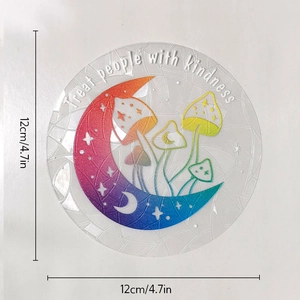 Rainbow suncatcher window decal with mushroom moon design and 12cm diameter measurement