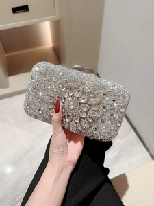 Elegant silver box evening clutch bag with sparkling floral rhinestone pattern and chain