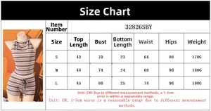 Detailed size chart for the striped knit halter top and drawstring shorts set