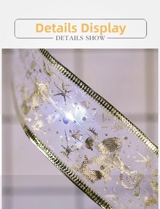 Macro detail of LED Christmas ribbon with gold glitter stars and snowflakes