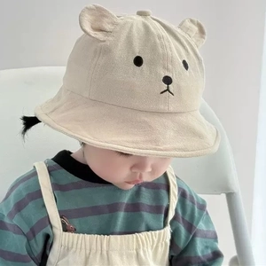 Beige baby sun hat with cute 3D bear ears and embroidered face for spring and summer