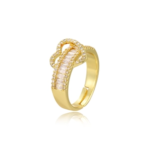 18k gold plated open ring with double heart zircon inlay on a white reflective base