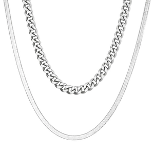 Collier double couche en acier titane argenté avec chaîne cubaine et serpent