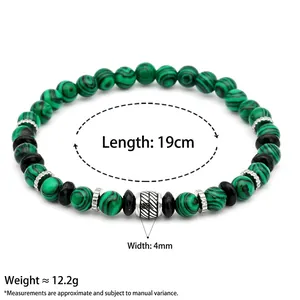 Men's malachite beaded bracelet with stainless steel accents, 19cm length and 4mm width