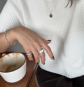 Polished S925 sterling silver irregular ring and chunky chain bracelet set for women