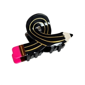 Creative pencil shaped hair claw clip in acetate with gold accents and pink eraser detail