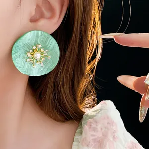 Round Resin Stud Earrings With Zircon Imitation Artificial Pearl And Silver Earring Post Vintage Luxury Jewelry For Women Girls