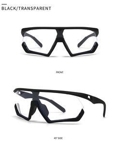 Macro detail of oversized sports sunglasses with black frames and transparent lenses
